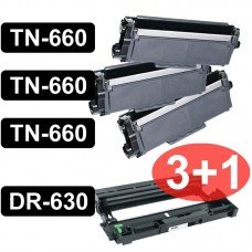 BROTHER 3-TONER TN660 CARTRIDGES AND 1- DRUM DR630 COMPATIBLE
